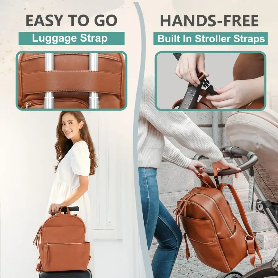 Mochila para fraldas com 6 bolsos isolados, bolsa para fraldas de couro, bolsa grande para bebês para mamãe, registro de bebê, 18 bolsos, troca Pa