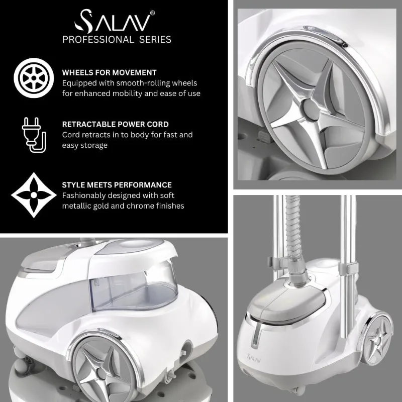 SALAV GS45-DJ مكواة بخار للملابس المستقيمة الاحترافية مع عجلات دوارة، شماعة واسعة جدًا، فرشاة قماش ومجداف كي صغير، 1500 وات، فضي