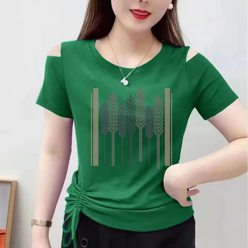 

Women Clothing 2025 Summer New Loose Commuter Tops Casual Tee Shirt Fashion Printed Shirring Bandage Off Shoulder T-Shirt