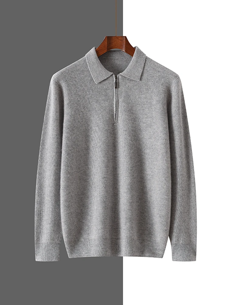 

Zipper Polo Collar Men's Pullover High Quality 100% Cashmere Knitted Sweater Autumn Winter Casual Chic Clothing Soft Tops