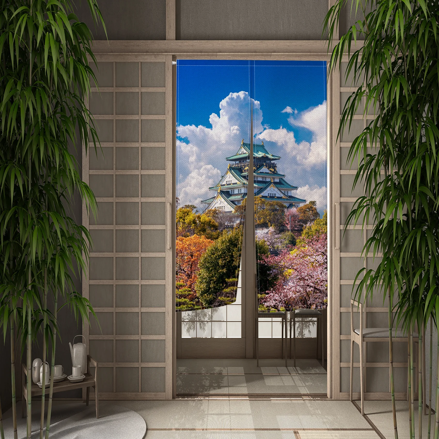 Japanese Noren Split Door Curtain Sakura Mount Fuji Bridge Tower Landscape Doorway Curtains for Kitchen Entrance Half-curtain