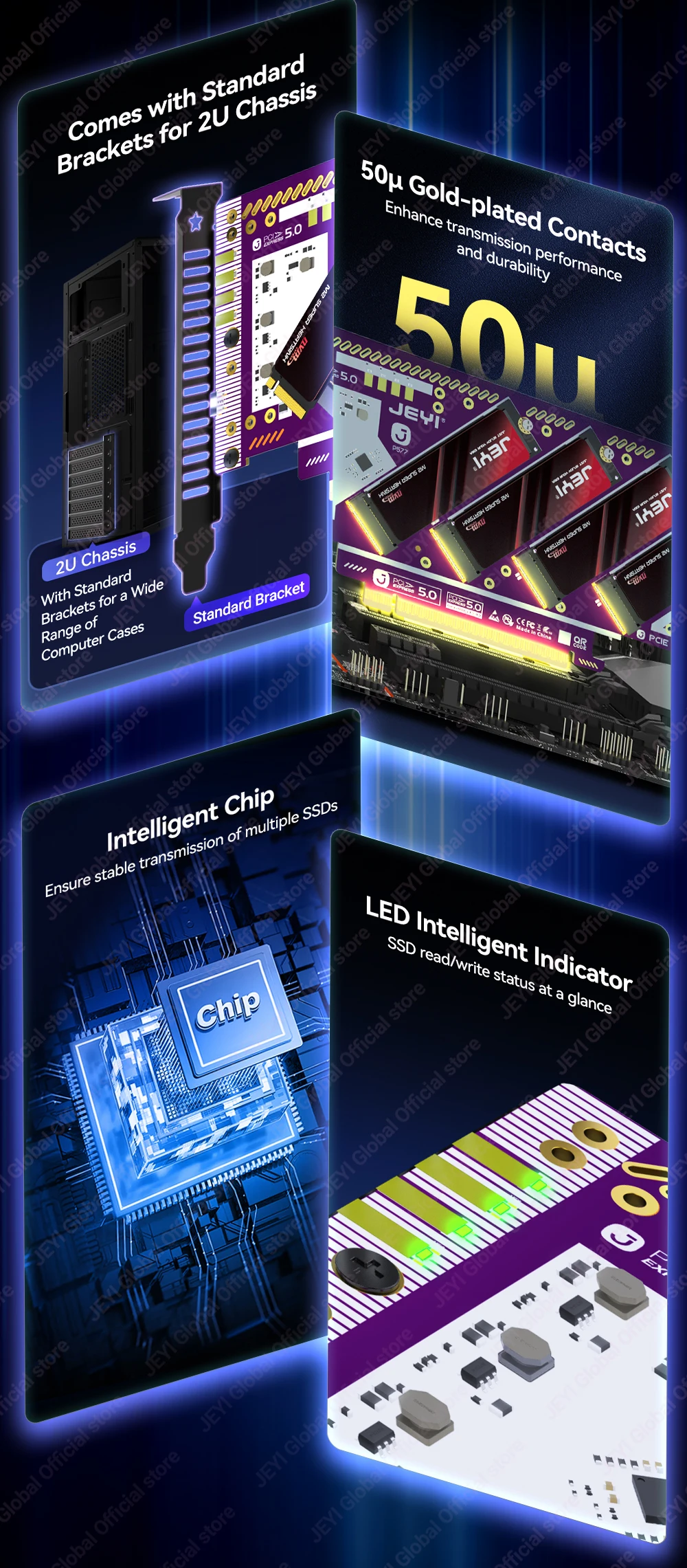 JEYI 4-Bay PCIe 5.0 X16 Quad M.2 Erweiterungskarte NVMe RAID 0/1/5/JBOD Adapter 512 Gbit/s Geschwindigkeit 8 TB pro SSD Kompatibel PCIe 4.0/3.0 – Detail 8