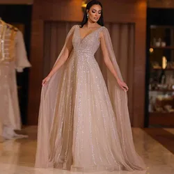Luxury Mother Of The Bride Dresses 2025 Organza A-line Celebrity Dress Champagne V-neck Cloak Sleeves Sequined Evening Gown Long