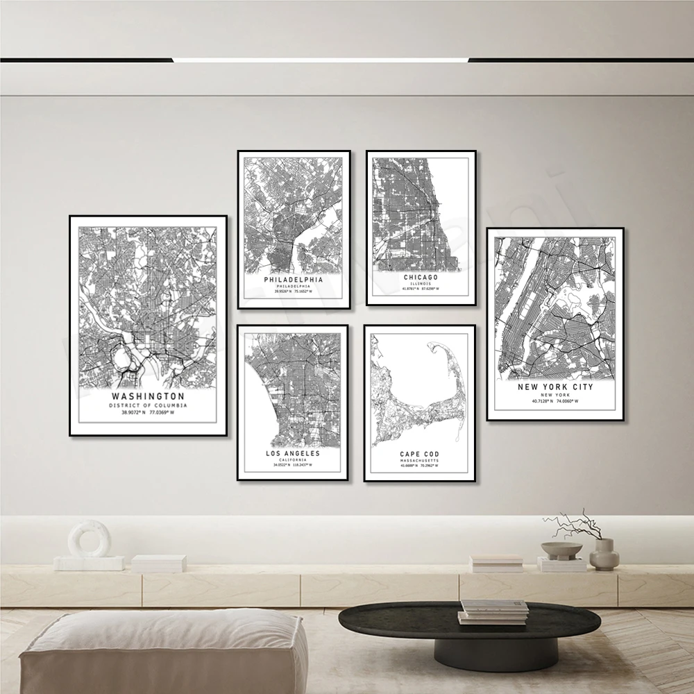 Washington DC, Chicago, IL, New York City, Philadelphia, PA, Los Angeles, CA, Cape Cod, Massachusetts map poster