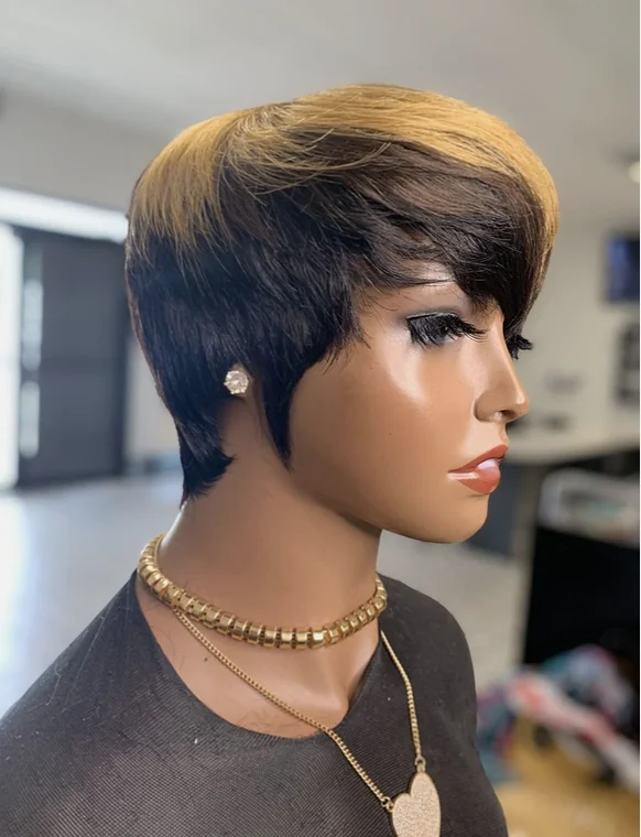 Brazilian Human Hair Short Wigs with Bangs Black Mixed Brown and Blonde 3 Tones