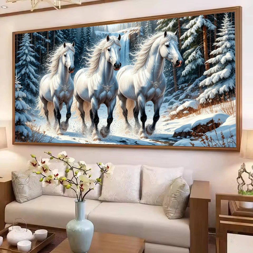 

Large 5D Diy Diamond Painting Rhinestone Of Pictures Waterfall Tree Landscape,Three Running Horse Full Diamond Mosaic Embroidery
