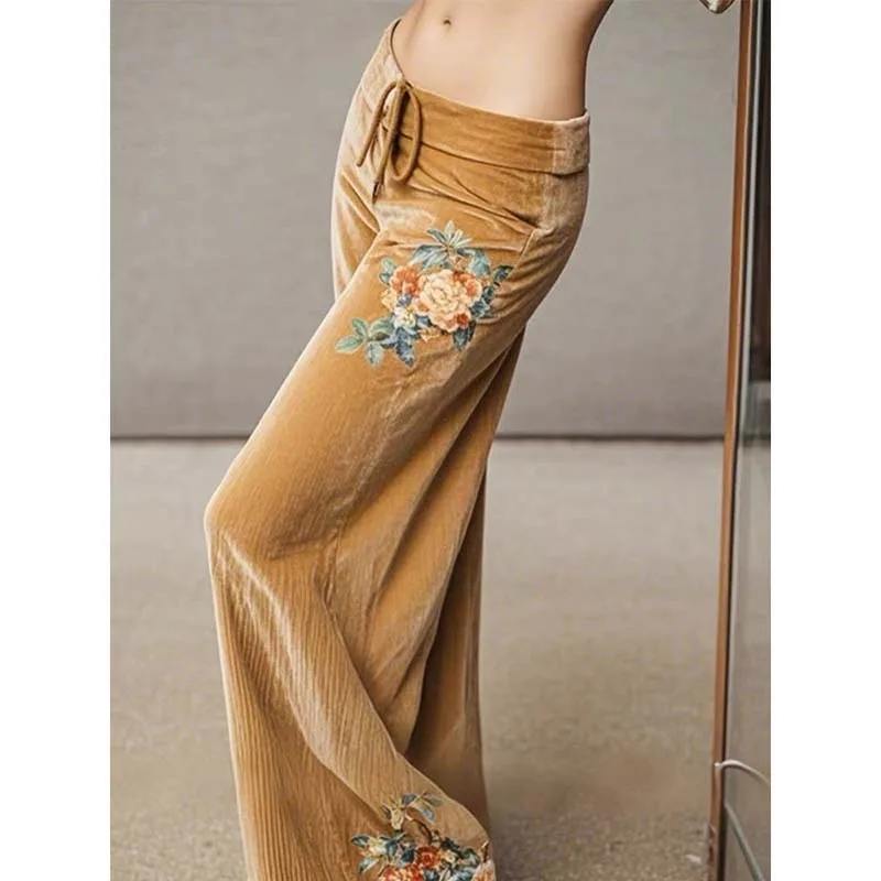 Autumn Winter Women Velvet Pant Lady Casual Streetwear Velour Trouser Loose Straight Wide Leg Long Pants High Waisted Pant