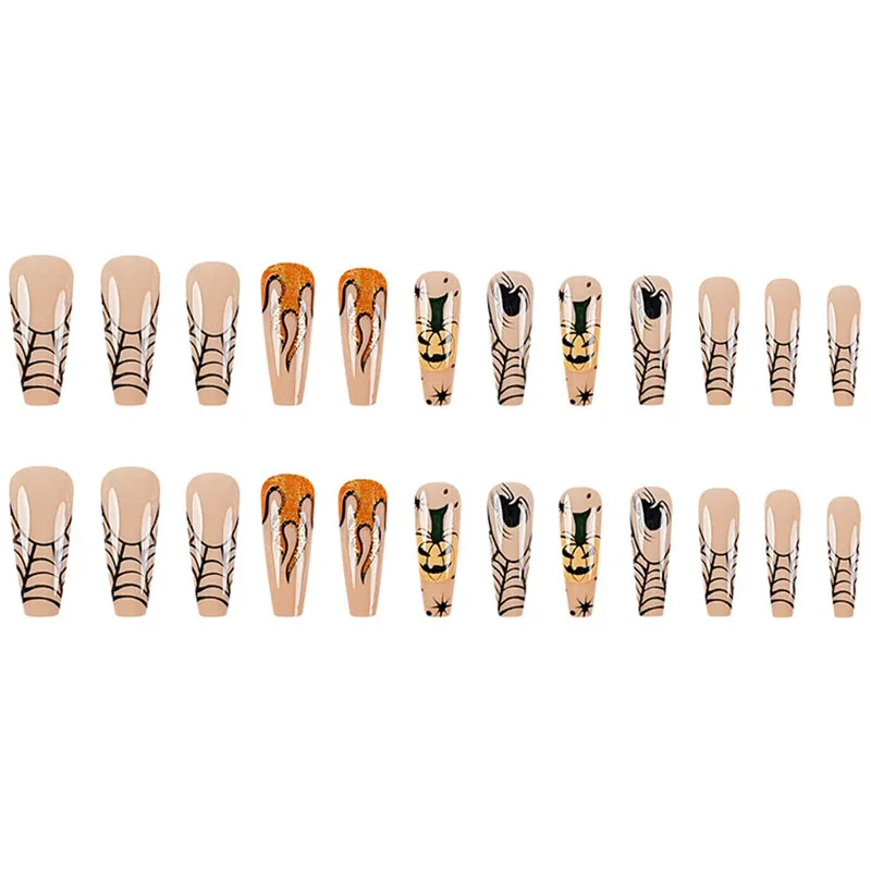 24 قطعة من الضغط المربع الطويل على الأظافر - تصميم الهالوين مع العناكب السوداء نسيج العنكبوت الذهبي والأحمر واللهب واليقطين ونجوم البولكا نقطة سوداء