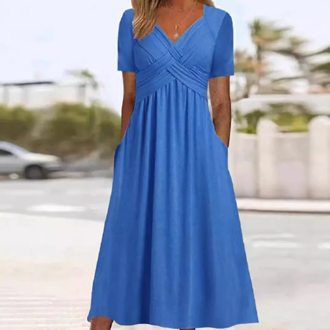 V Neck Short Sleeve Pocket Dress Women Casual Summer Dresses Plain Jumpsuit Playsuit