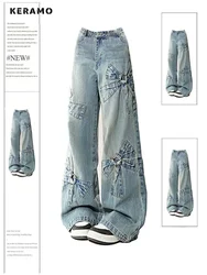 2024 Winter Women's Harajuku Casual Style Jeans Vintage Aesthetic Bow Loose Washed Pants Y2K Wide Leg Baggy Denim Trouser