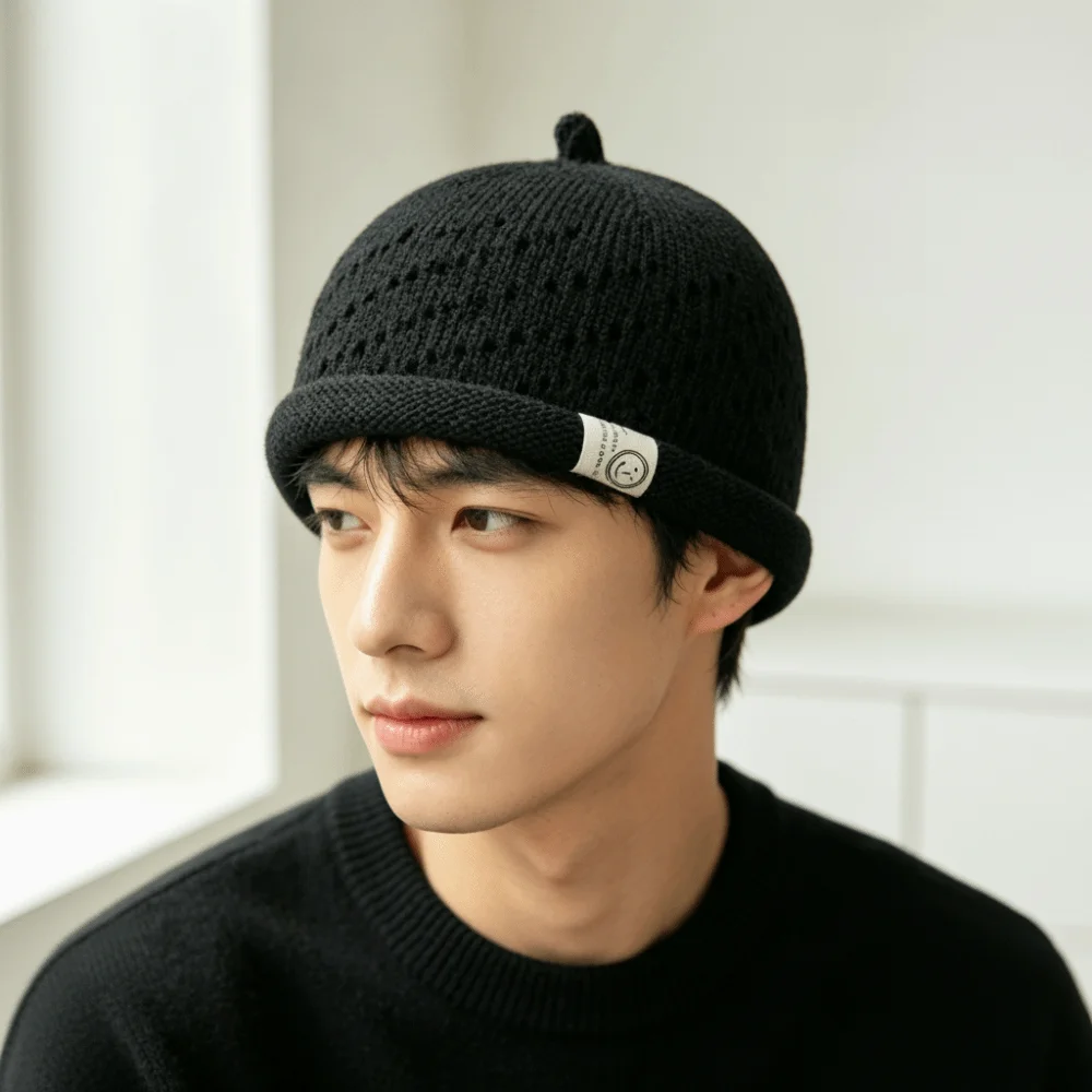 Fashion Mesh Beanie Hats Breathable Rolled Edge Knitted Hats Solid Color Outdoor Wear Bucket Hats All Season