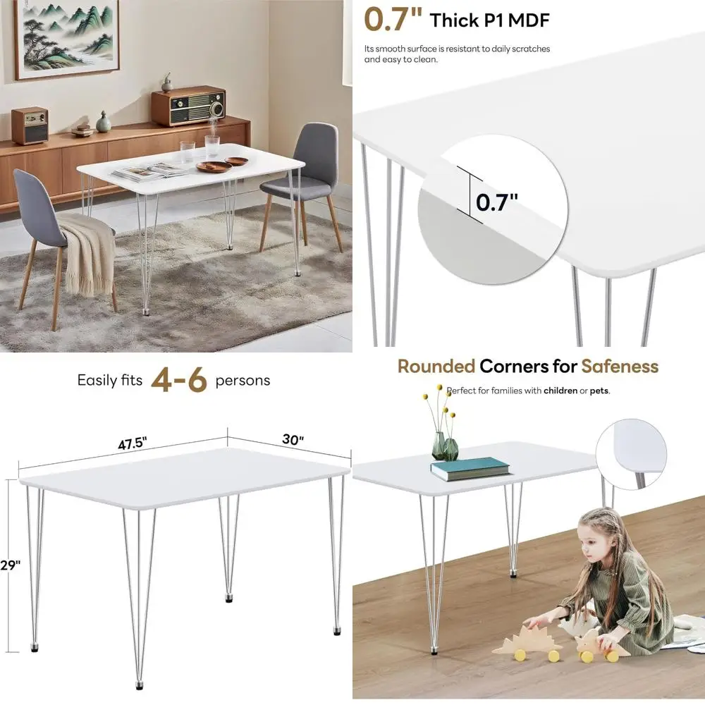 Mesa de jantar retangular moderna para 4 em lilás - 47,5 pequena mesa de cozinha branca com pernas de metal para sala de jantar e espaço de estar