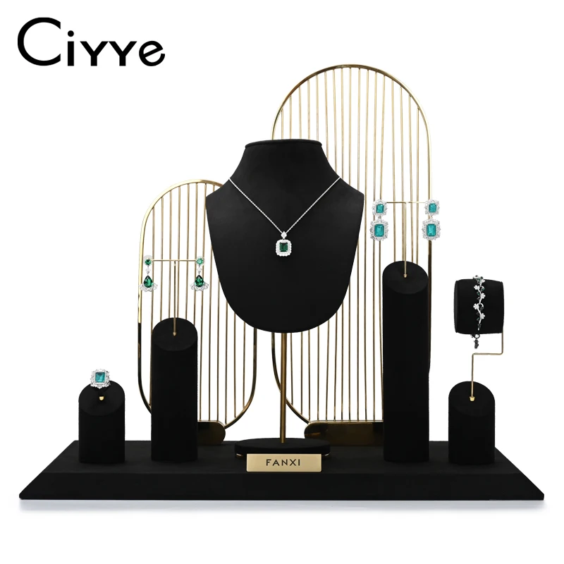 Ciyye Premium Black Jewelry Window Display Props Set Rings Earrings Necklace Bangle Jewelry Display Stand Metal Rack Showcase