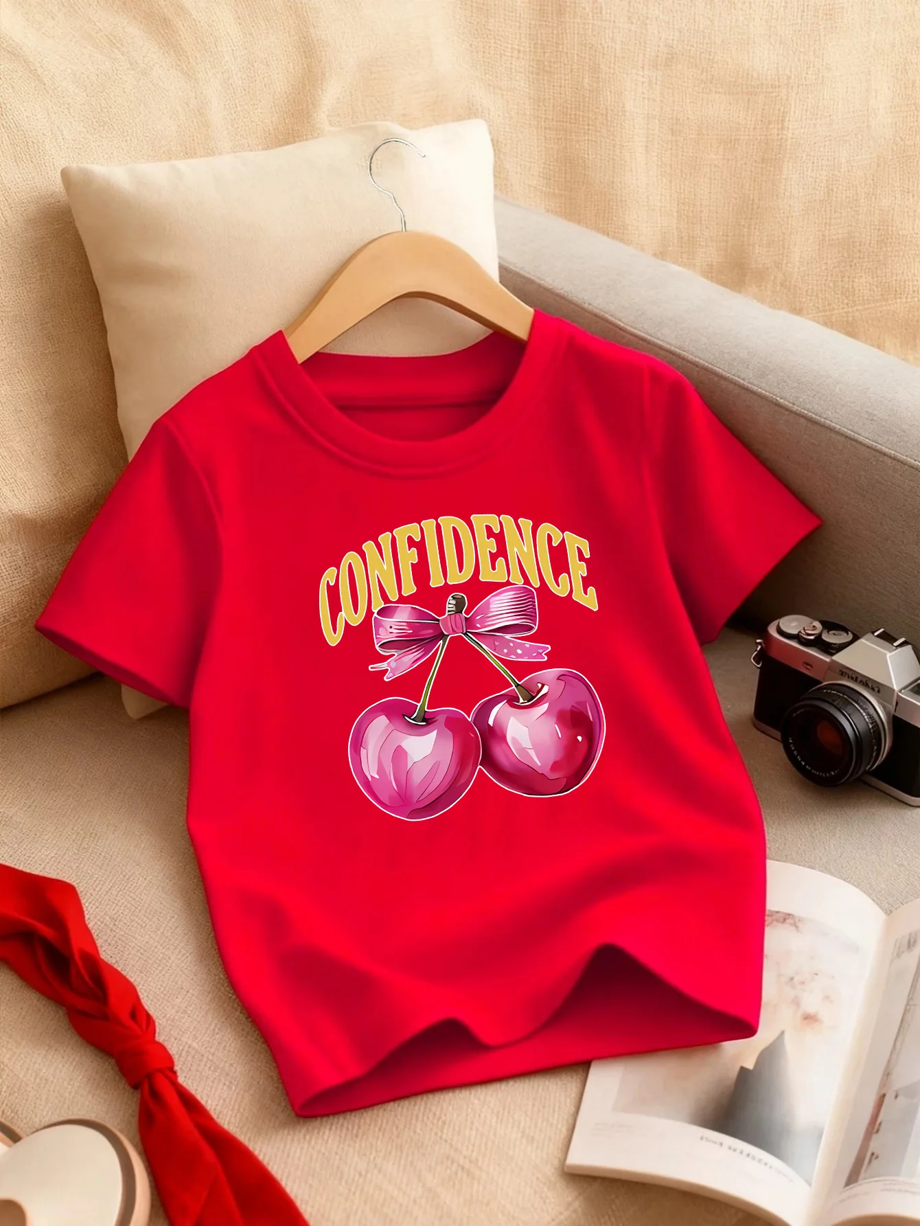 Confidence Bow Cherry Watercolor Kids T Shirt Boys Girls Short Sleeve Crew Neck Cotton Parent Matching Tops Toddler Youth
