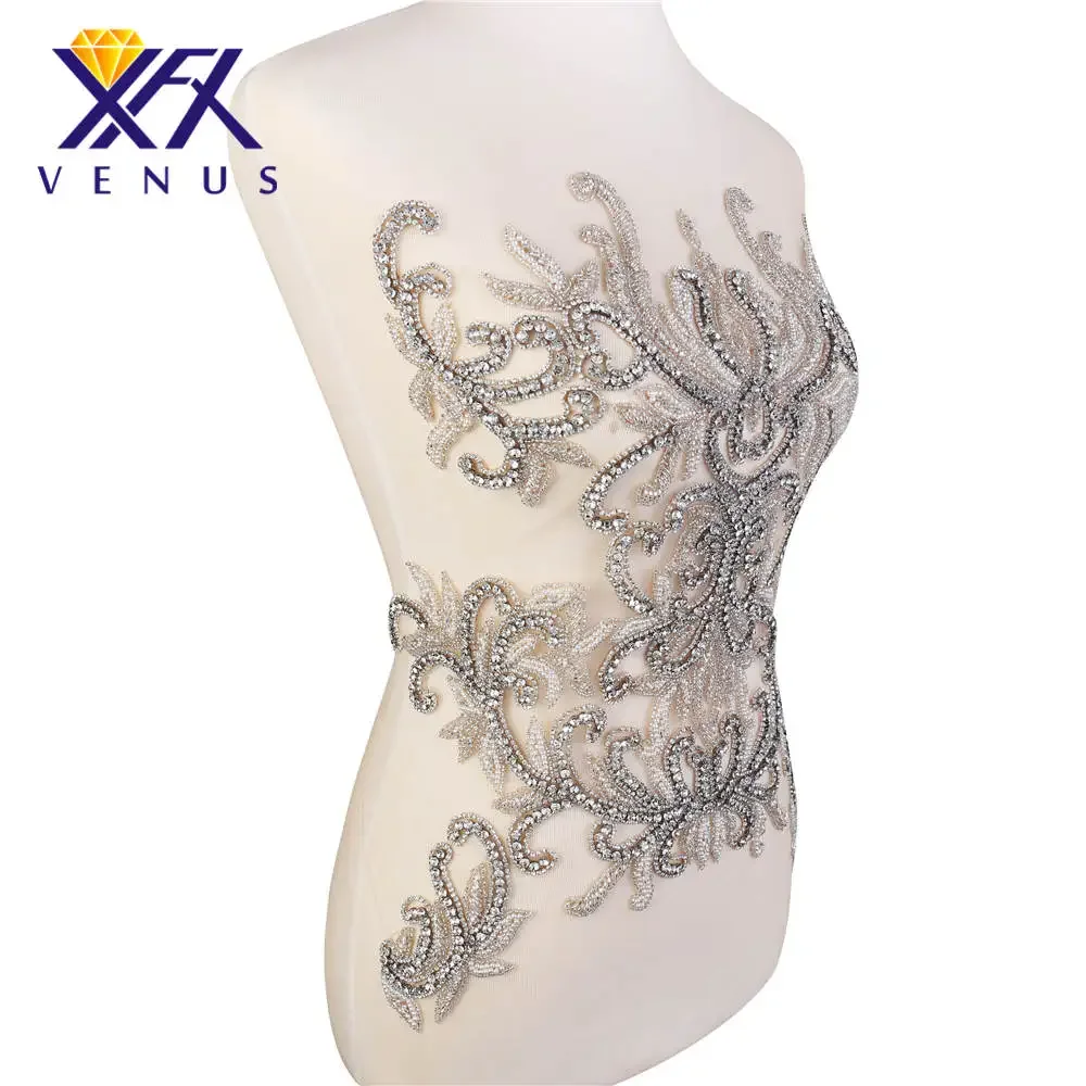 XFX NENUS (5 Pcs)Handmade Beaded Crystal Embroidery Bead Patch Flora Rhinestone Bodice Applique Mesh Motif for Bridal Dress