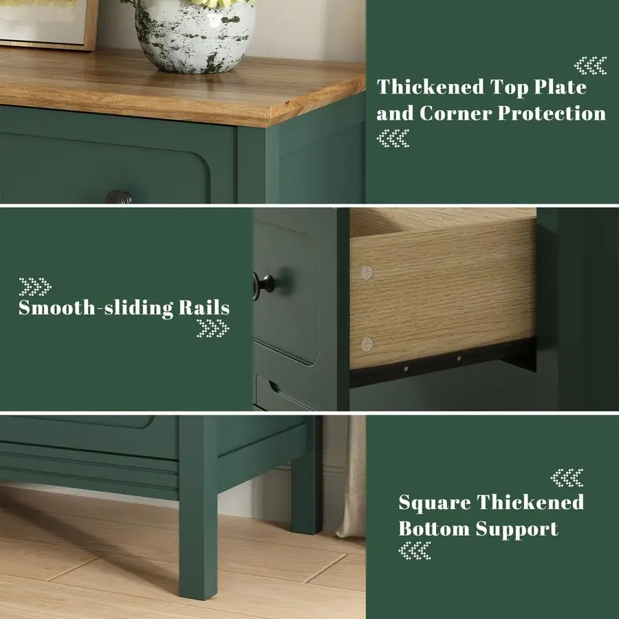 침실용 그린 드레서, 55인치 폭 8서랍 드레서, 금속 손잡이와 깊은 서랍이 있는 모던 대형 원목 서랍장