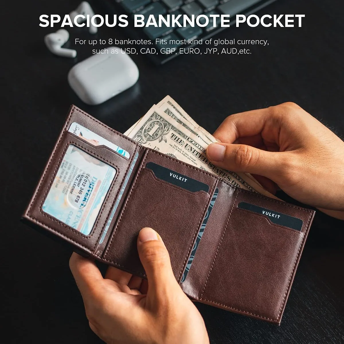 Men's Wallet RFID Blocking Side Push Pop-up Card Holder, Multi Card Slots ID Case, Trifold Large Capacity Purse