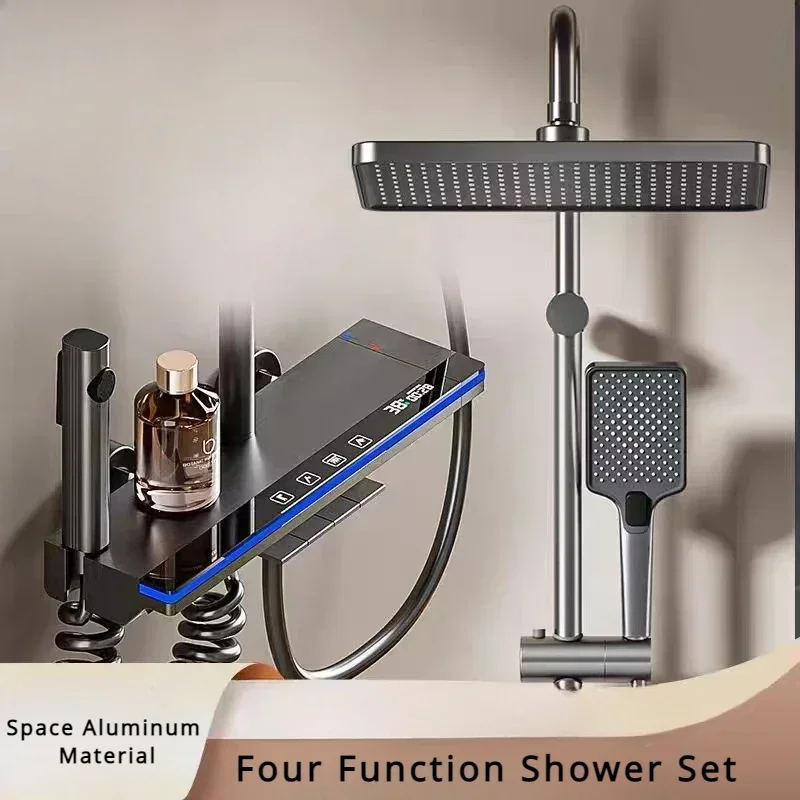 

Four Function Smart Thermostatic Digital Display Shower System Grey Wall Mounted Rainfall Pressurized Bathroom Shower Faucet Set