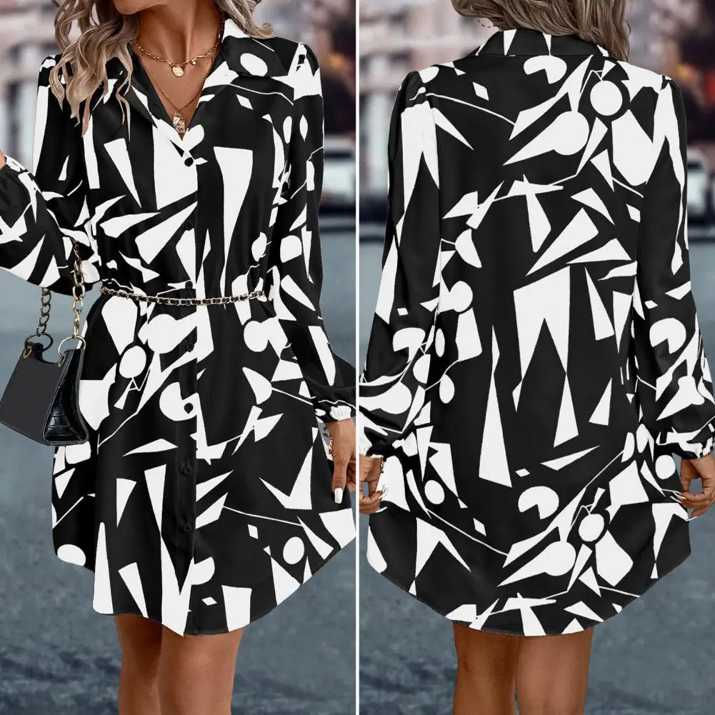 

Women Dress Loose Color Matching Print Loose Long Lantern Sleeve Dress Single-breasted Above Knee Lady Mini Dress