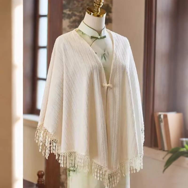 Chinese Style Tassel Shawl Elegant Women Hanfu Cheongsam Knit Shawl Cloak Wedding Party Bride Decorative Wraps Cardigan
