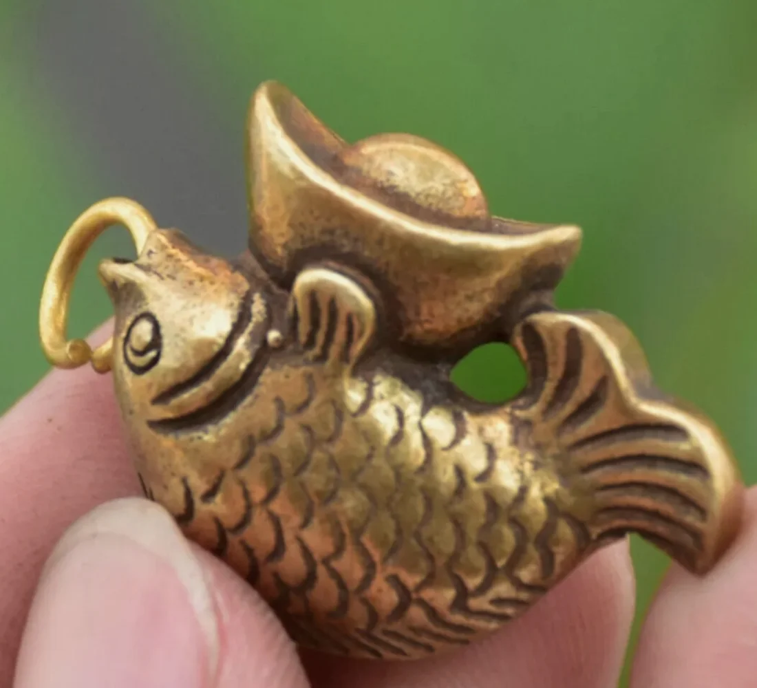 1.4" Old Chinese Brass Fengshui Year Fish Yuan bao Wealth Statue