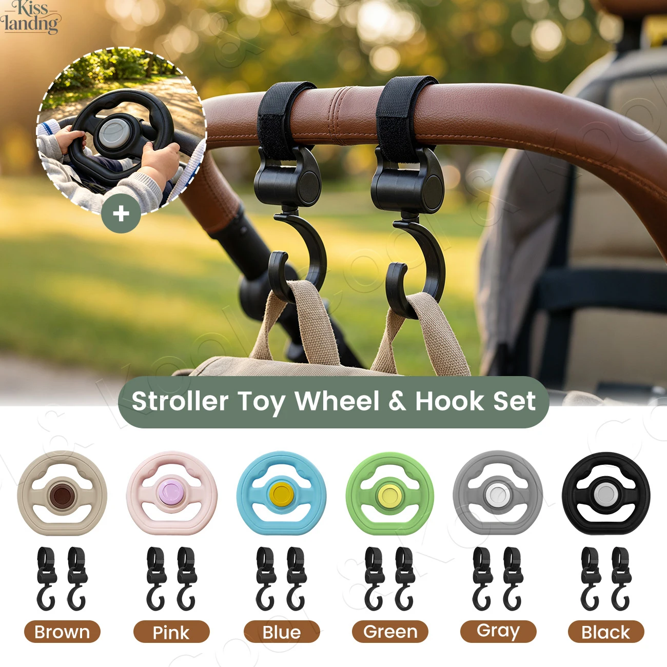 Stroller Steering Wheel & 2 Hooks Set, 360° Rotatable Toy & Bag Organizer Hanger, Universal Baby Stroller Accessories