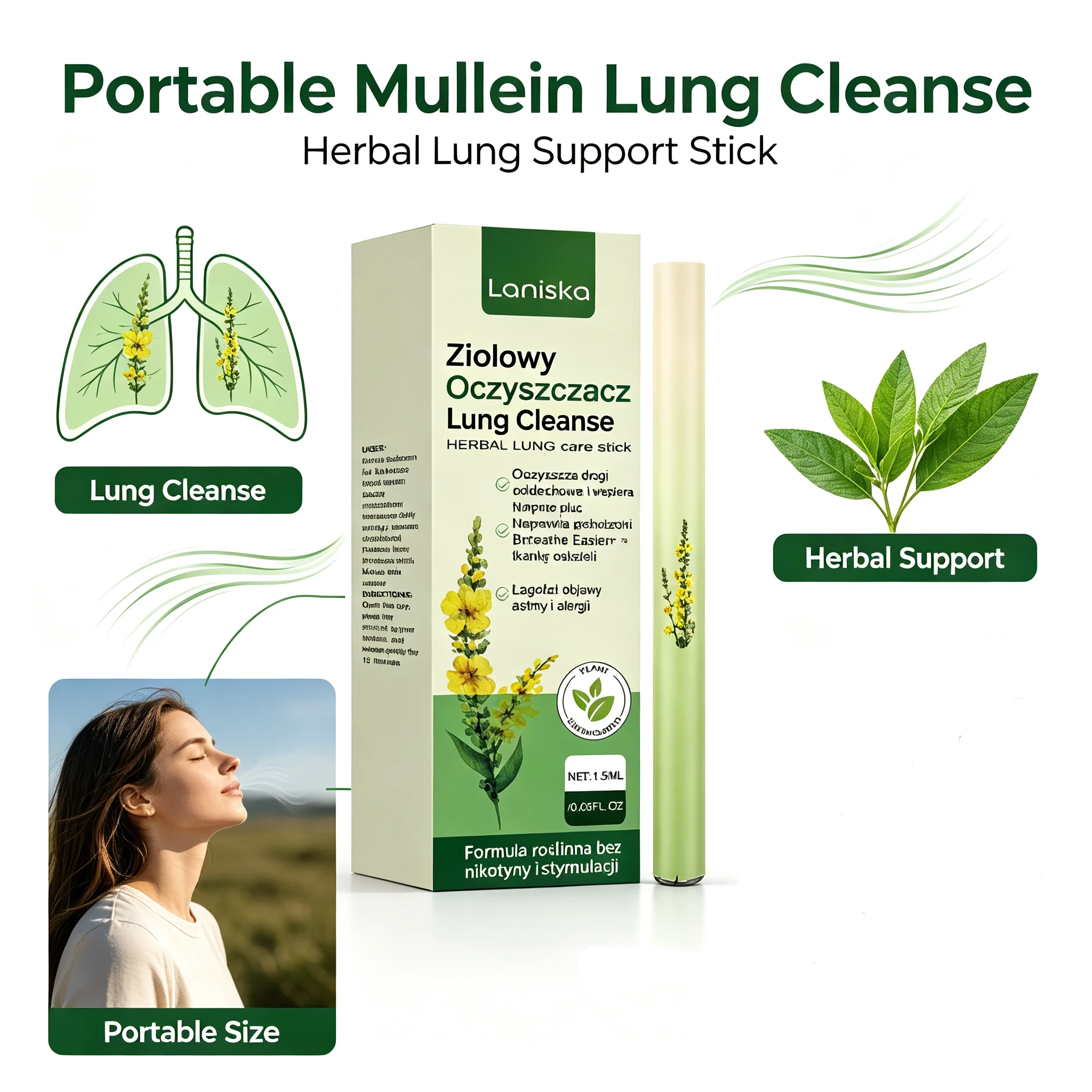 Portable Mullein Lung Cleanse Inhaler Natural Herbal Essential Oil Stick Respiratory Relief Support Lung Health Easy Carry