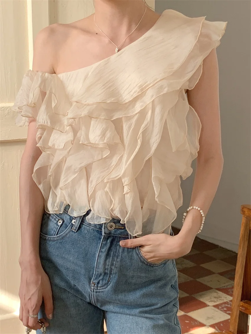 Alien Kitty S-M Apricot Blouses Ruffles Daily Summer Gentle Skew Collar Tank Tops Slim 2023 New Elegant Office Lady Chic Solid