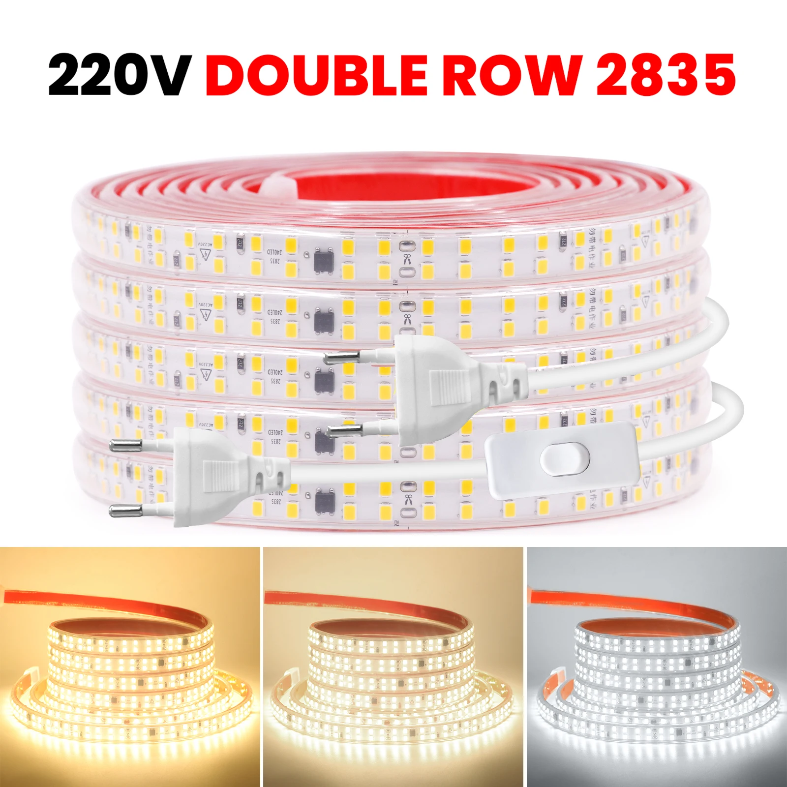 

Double Row LED Strip Light 220V 2835 240LEDs Super Bright Flexible LED Tape with Adhesive Waterproof LED Ribbon for Home Decor