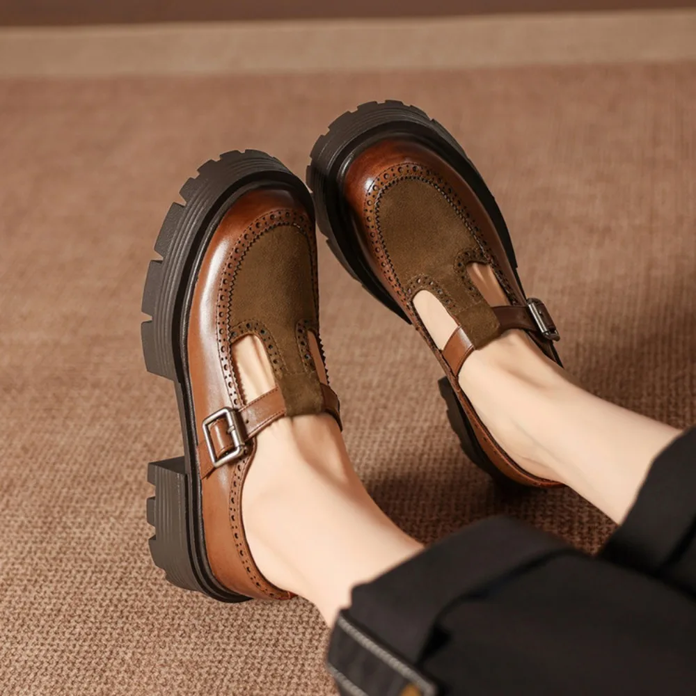 Women's Mary Janes Autumn New Thick Soled Round Toe Shoes Genuine Leather Buckle Strap Retro Platform Women's Shoes