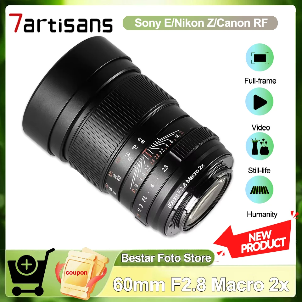 7artisans 60mm F2.8 Macro 2x Full Frame Large Aperture Prime Lens for Macro Photography with Sony E Nikon Z Canon RF Mount