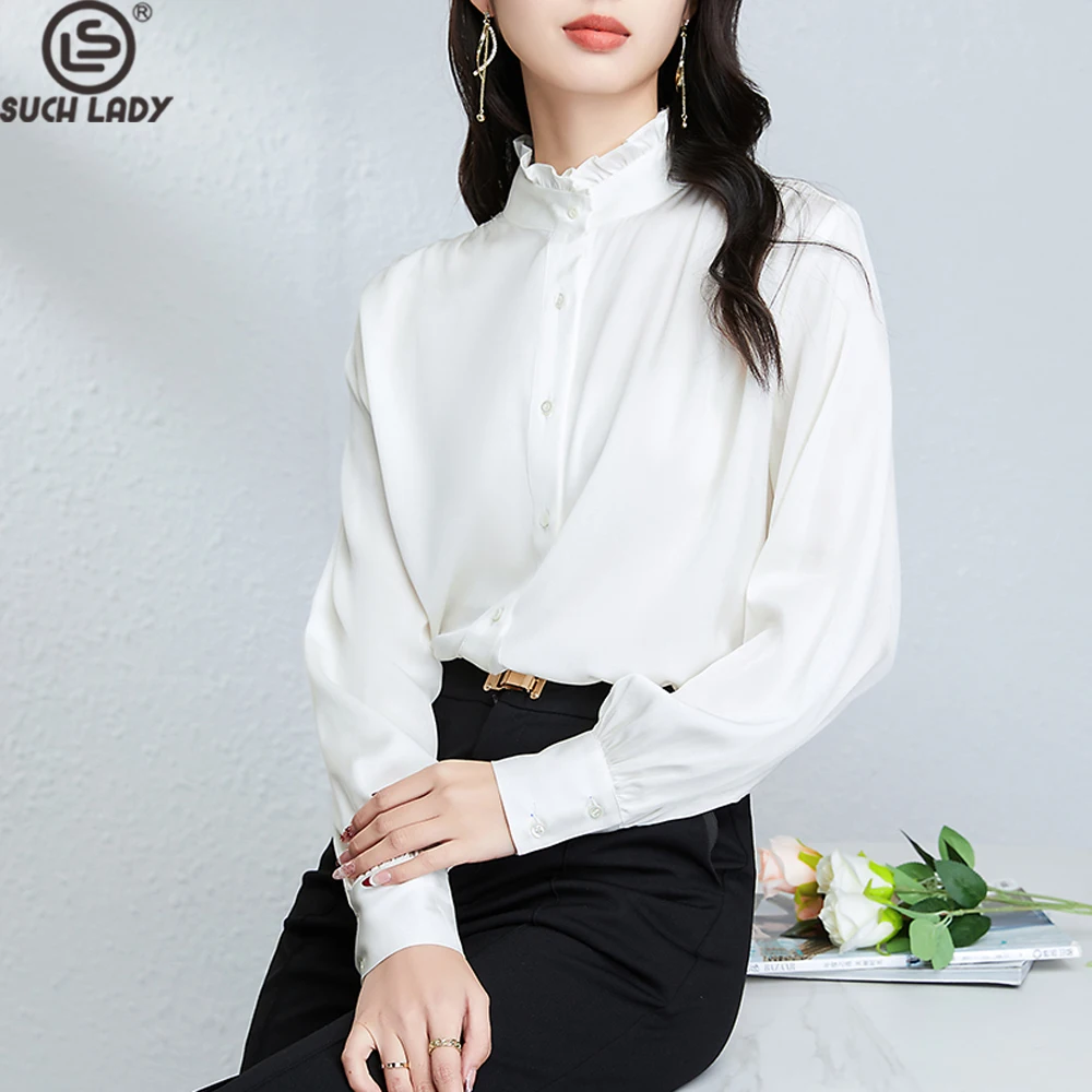 

92,3 Женская рубашка из натурального шелка 7,7% спандекса с воротником-стойкой, элегантная модная блузка с длинными рукавами и рюшами, топы