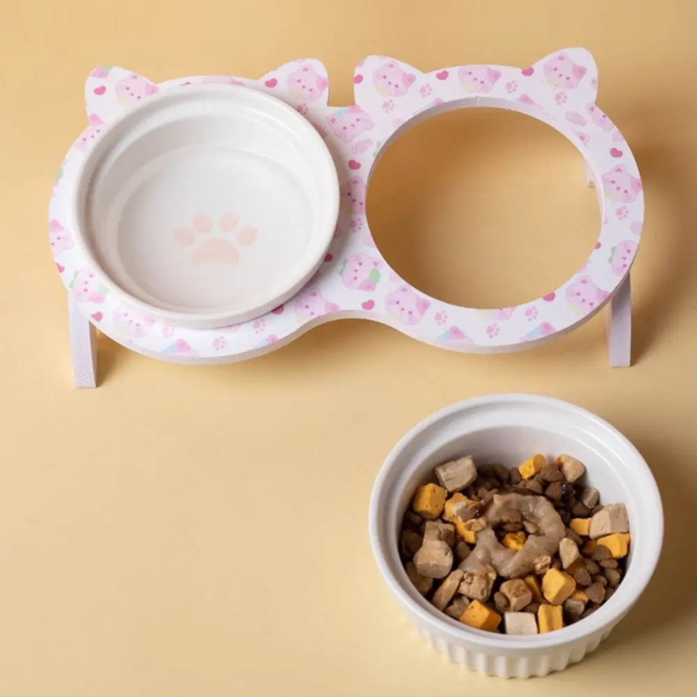 

Double Bowl Ceramic Cat Bowl with Stand Non-slip Cervical Protection Elevated Pets Bowls Acrylic Bowl Holder Detachable