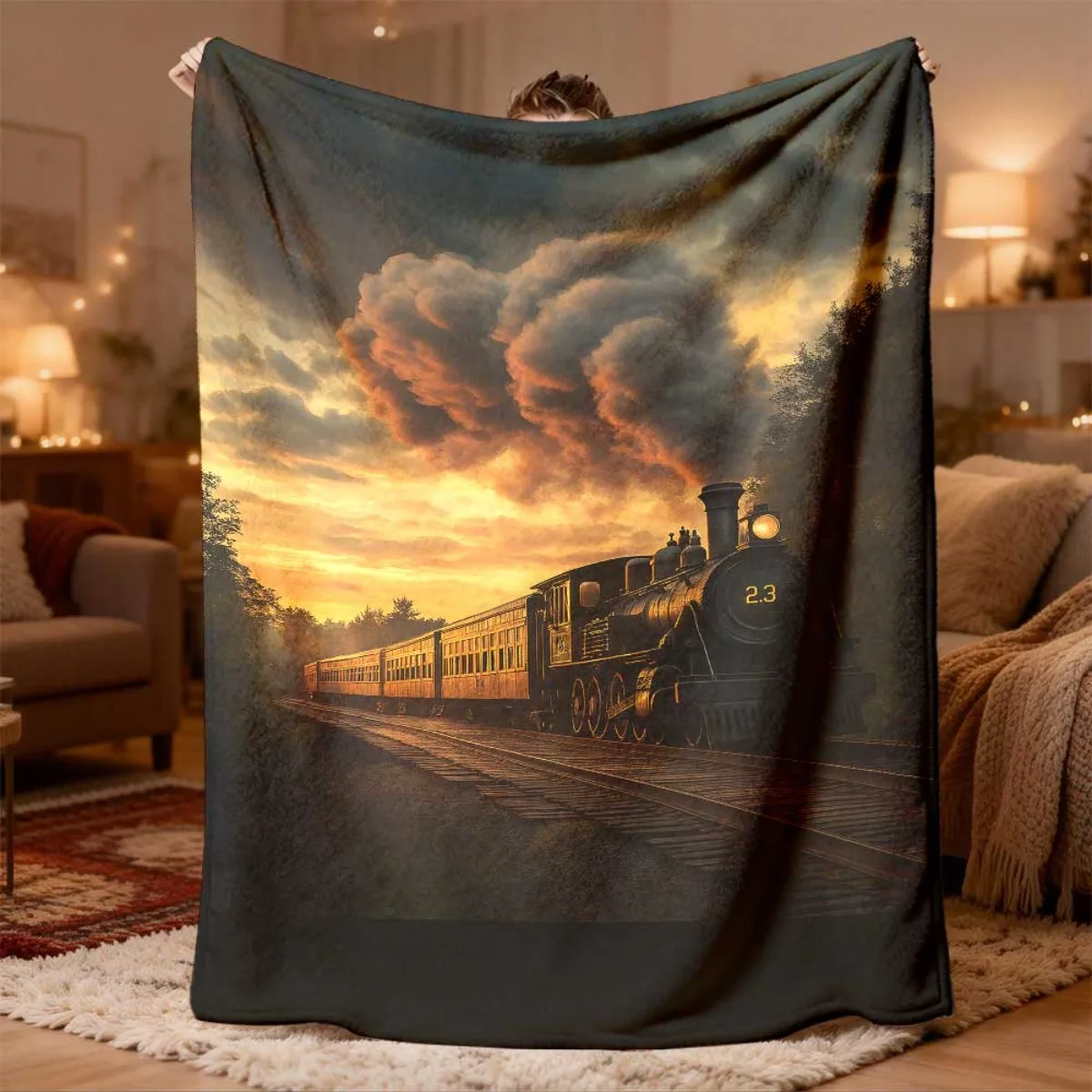 Premium Plush Blanket Throw Retro Train Art Sunset Landscape Decor Cozy Wrap Rug for Sofa Couch Gift Home Decor