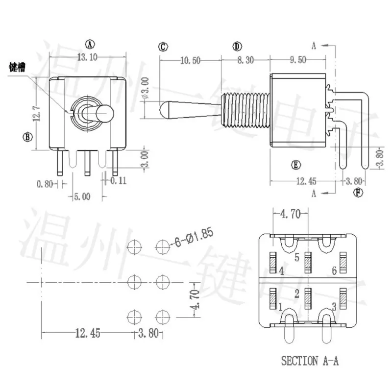 MTS-202-C3-NO-11mm Connector Side press With fixed feet Curved foot toggle switch 6 feet