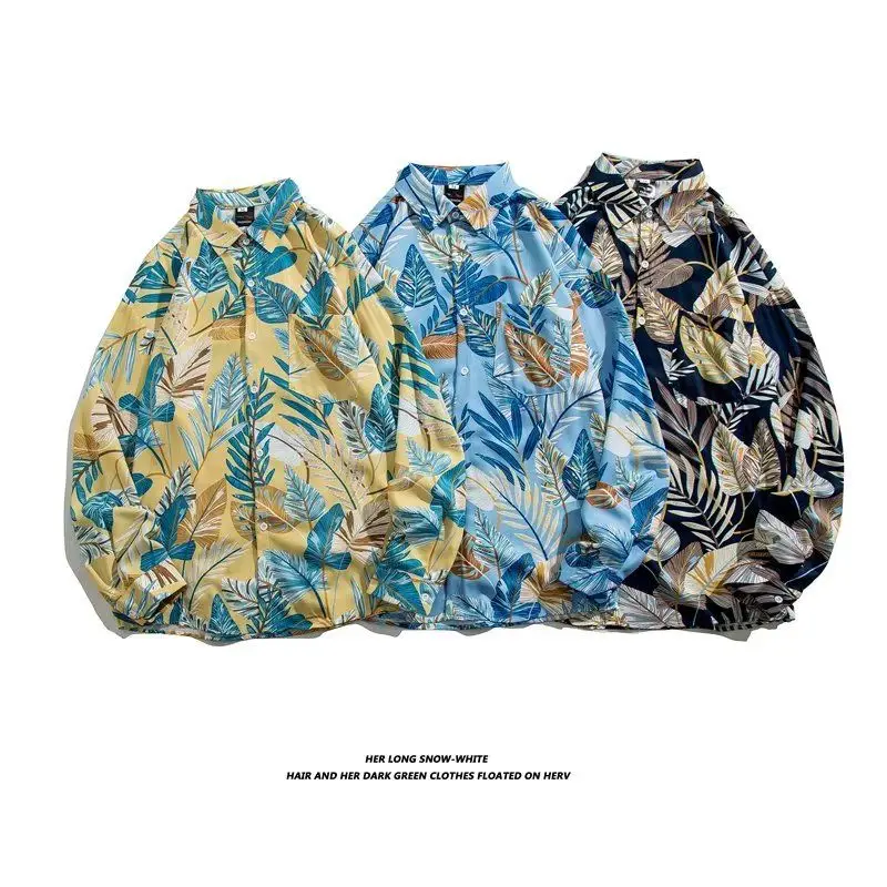 

Retro Hong Kong Sle Men's Floral Long Sve irt Summer Beach Trend Outerwear Stand Fit Polyester Casual lin irt