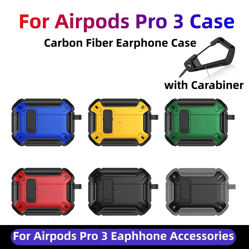 에어팟 프로 3용 카본 파이버 보호 하드 아머 케이스 커버, 클리닝 키트 포함 안전 잠금 케이스 액세서리