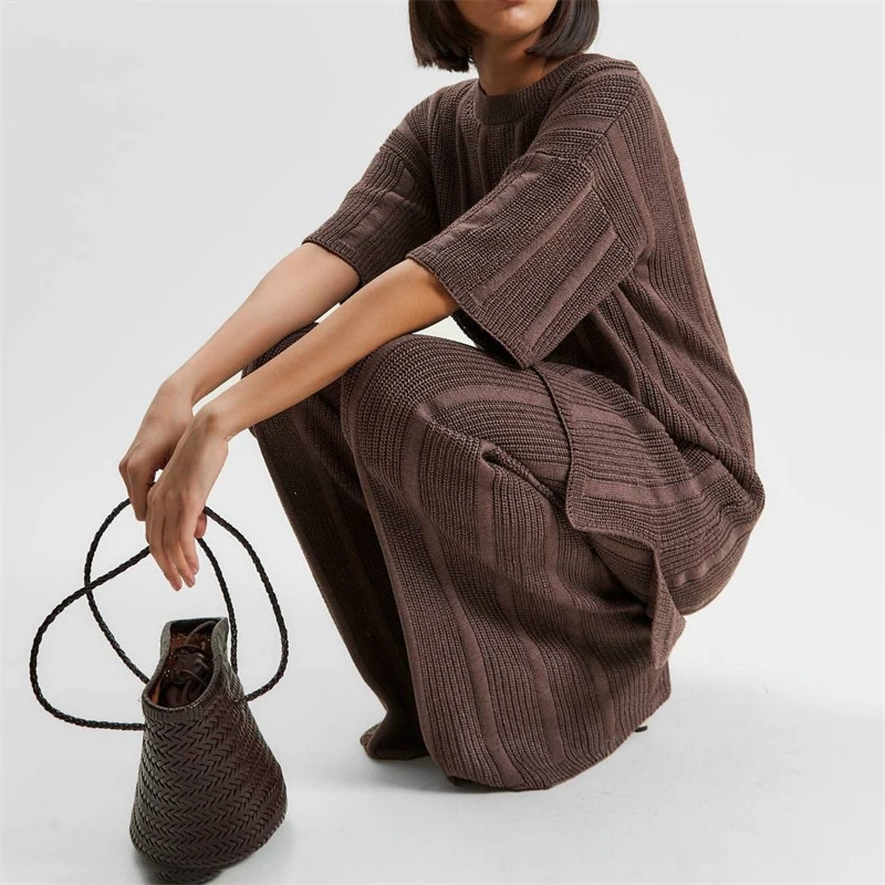 Autumn New Fashion Casual Mid-Length Short-Sleeve Knitted Set Y2K High-Quality Women's Wide-Leg Pants Solid Two-Piece Set