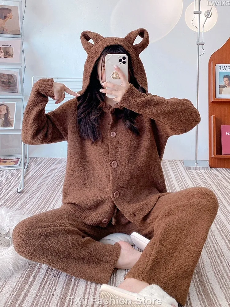 TXii New Bear Ears Hooded Soft Coral Fleece Pajamas Women's Winter fleece-lined Thickened Cardigan Home Clothes suit Can Wear