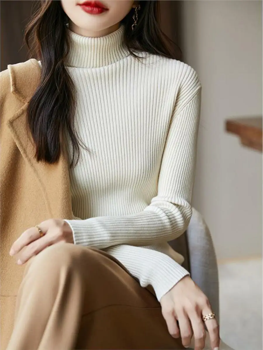 

100% хлопковый вязаный свитер с высоким воротником для женщин, осенне-зимний, облегающий, базовый, термотоп для ношения под пальто