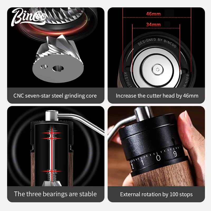 Bincoo Speed Blade Manual Coffee Grinder 46mm Large Burr CNC 7 Star Steel Core Hand Crank Mill Aluminum Body Espresso
