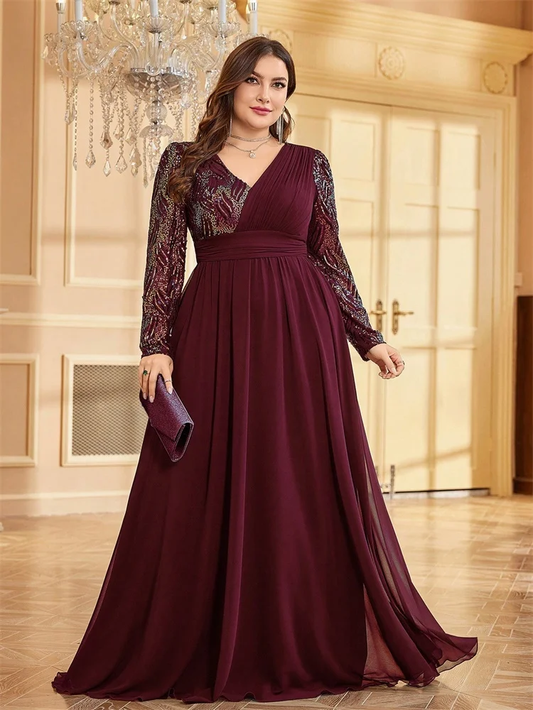 

BLUEPLUM Plus Size Luxury Chiffon Long Sleeve Evening Dresses 2025 Sequin Blue Wedding Party Cocktail Prom Floor Lenght Gowns