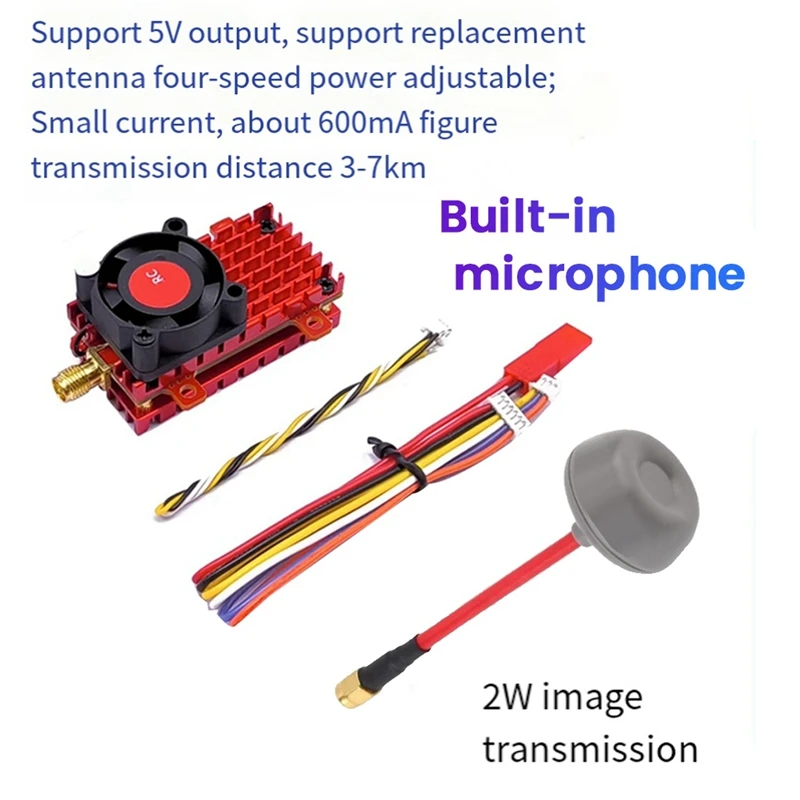 5.8G 48CH 2W FPV VTX+FPV Antenna Audio Video Transmitter 2000Mw Built-In Mic For FPV Long Range RC Drone