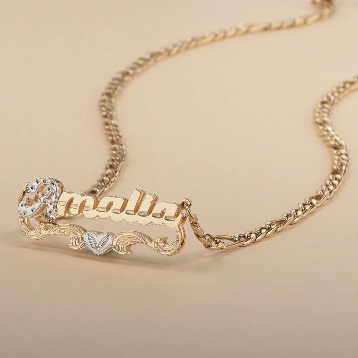 

Custom Double Layered 3D Name With Heart Necklace 18K Gold Plated Stainless Steel Personalized Figaro Chain Choker for Women