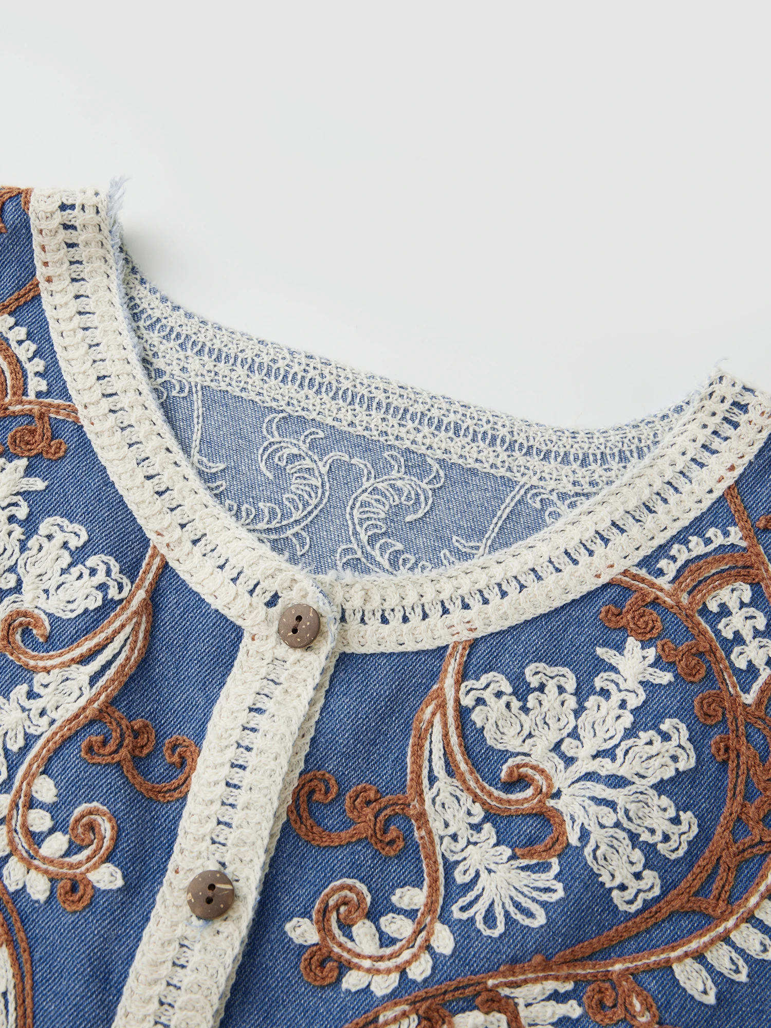 ผู้หญิง DENIM เสื้อถักโครเชต์แจ็คเก็ตดอกไม้เย็บปักถักร้อยรอบคอปุ่มปิดแขนกุดฤดูร้อน Streetwear