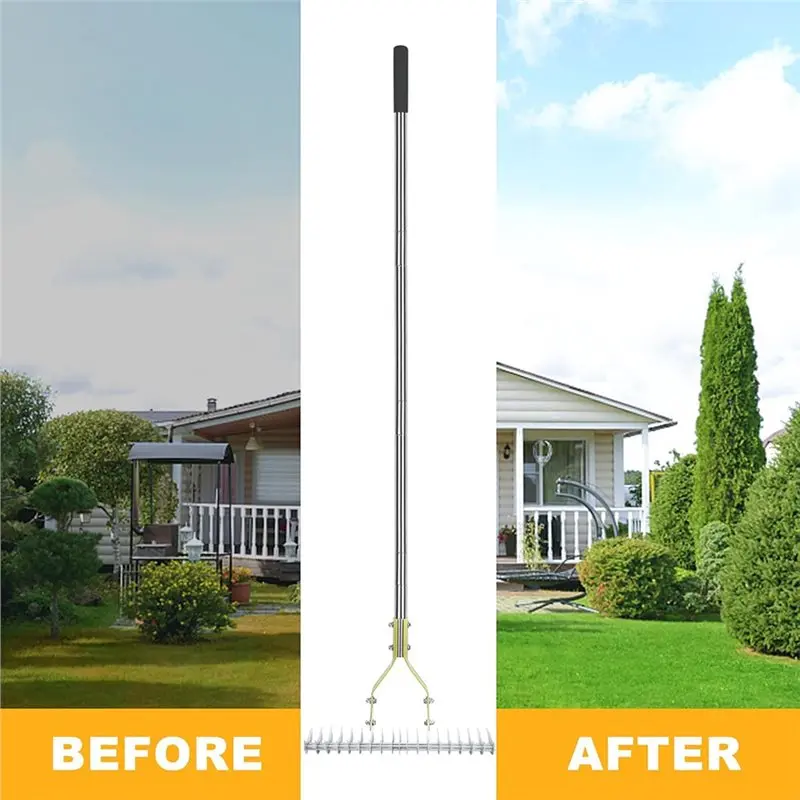 CHCH Stainless Steel Adjustable Handle Thatch Rake Dethatcher-15-Inch Wide Lawn Garden Tool