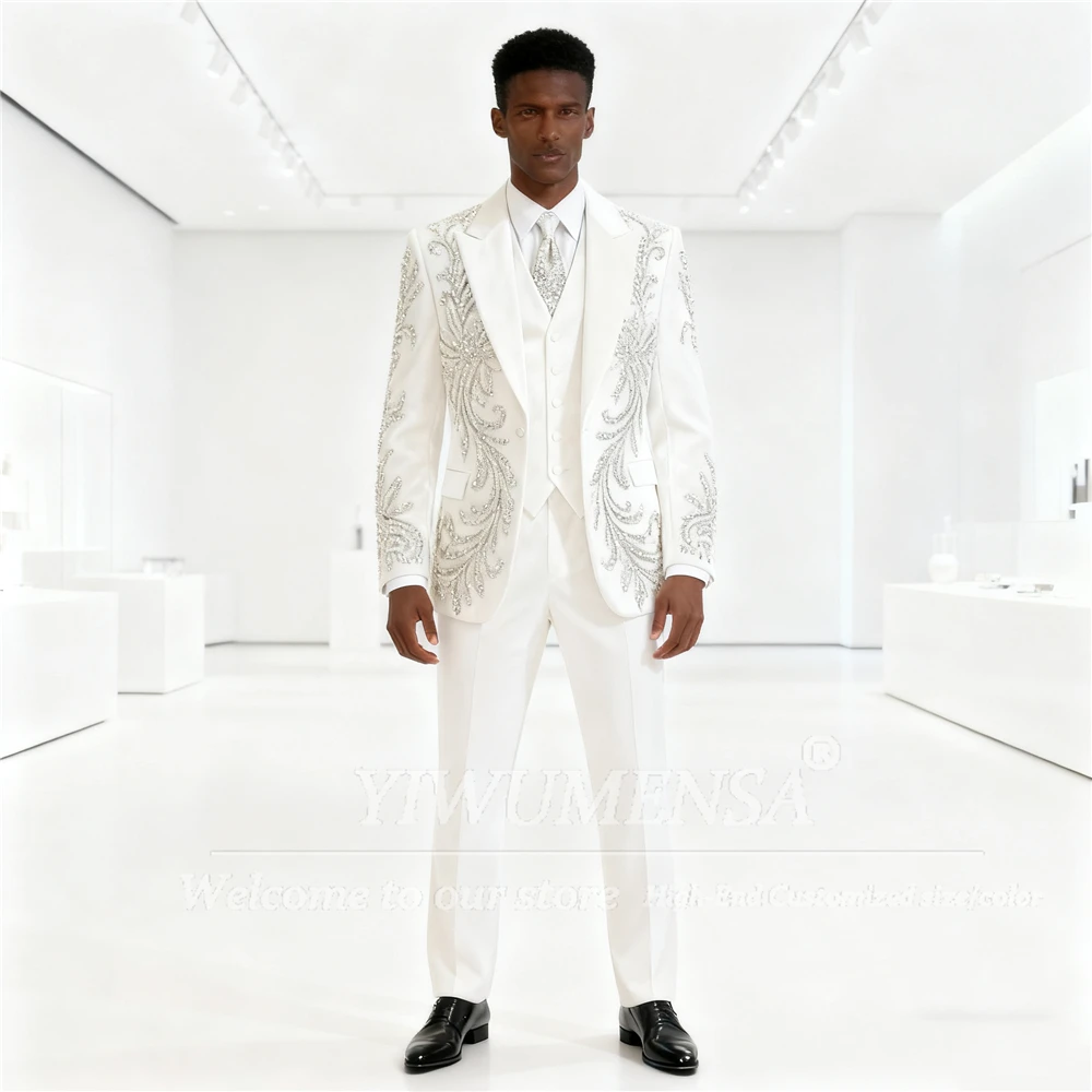 Sparkly Stones Crystals Suit Men Slim Fit Single Breasted Groom Blazers Outfits 3 Piece Wedding Tuxedos Customized Costume Homme
