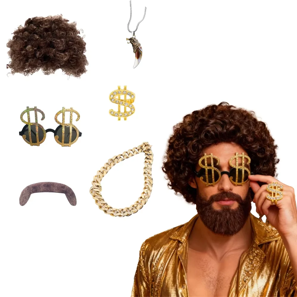 

PESENAR Disco Wig with Mustache Glasses Artificial Wolf Necklace Golden Chain Short Curly Hair Afro Mens Wig for 60s Hippies