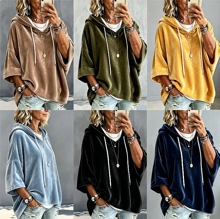 Knitted Hooded Drawstring Velour Sweatshirt Solid Color Women Tops Pullover Spring Summer