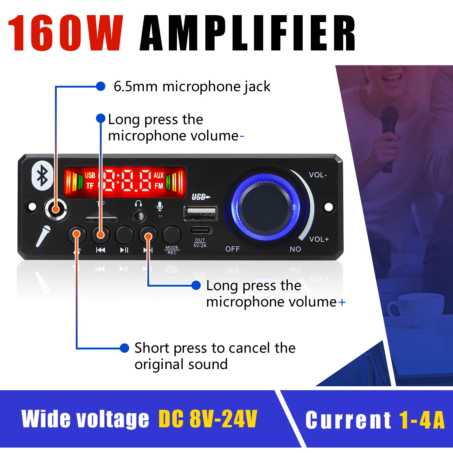 Bluetooth 5.0 MP3 Decoder Board 2*80W 160W Amplifier Audio Player 12V DIY MP3 Player Car FM Radio Module TF USB Mic Record Call